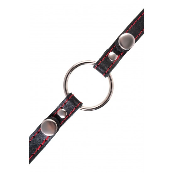 Кляп Кольцо 39 мм с красной строчкои Pecado BDSM, натуральная кожа, черный