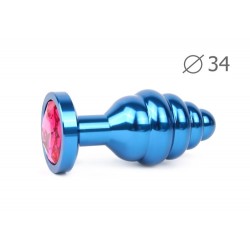 Коническая ребристая синяя анальная втулка с малиновым кристаллом - 8 см. Коническая ребристая синяя анальная втулка с малиновым кристаллом - 8 см.