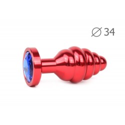 Коническая ребристая красная анальная втулка с синим кристаллом - 8 см. Коническая ребристая красная анальная втулка с синим кристаллом - 8 см.