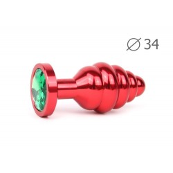 Коническая ребристая красная анальная втулка с зеленым кристаллом - 8 см. Коническая ребристая красная анальная втулка с зеленым кристаллом - 8 см.