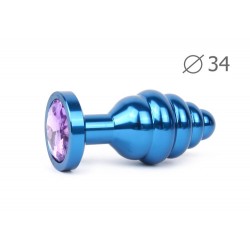 Коническая ребристая синяя анальная втулка с сиреневым кристаллом - 8 см. Коническая ребристая синяя анальная втулка с сиреневым кристаллом - 8 см.