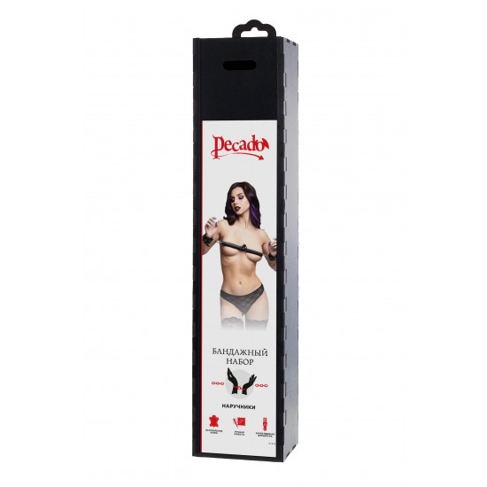 Бандажный набор 3 точки фиксации Pecado BDSM (маленькая распорка, наручники), натуральная кожа, черн