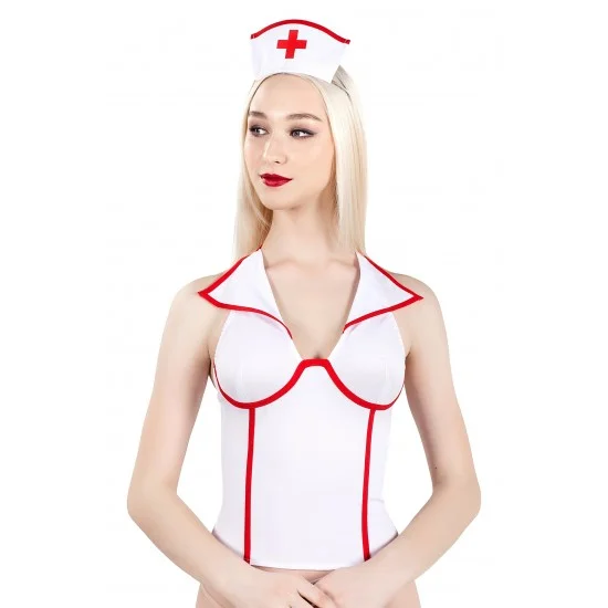 Верхняя часть костюма «Медсестра», Pecado BDSM, корсет, головной убор, бело-красный, 42 11062-02