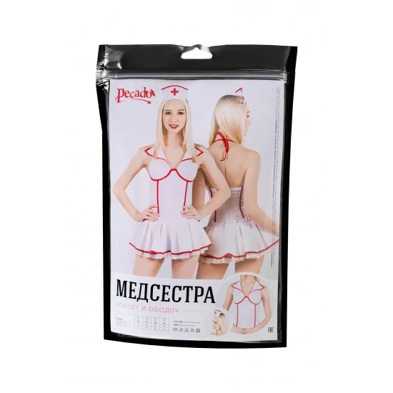 Верхняя часть костюма «Медсестра», Pecado BDSM, корсет, головной убор, бело-красный, 42 11062-02