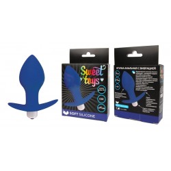 Синяя коническая анальная вибровтулка с ограничителем - 8 см. Синяя коническая анальная вибровтулка с ограничителем - 8 см.