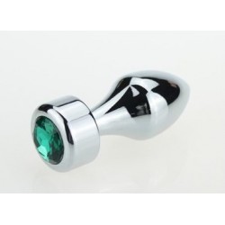 Серебристая анальная пробка с широким основанием и зелёным кристаллом - 7,8 см. Серебристая анальная пробка с широким основанием и зелёным кристаллом - 7,8 см.