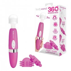 Розовый ротационный жезловый вибратор с двумя насадками 360° Spinning Head Wand Massager Set