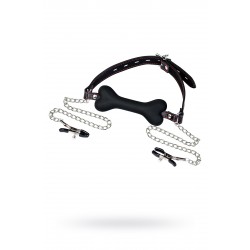 Кляп-трензель TOYFA Theatre, в виде косточки с зажимами для сосков,черный Кляп-трензель TOYFA Theatre, в виде косточки с зажимами для сосков,черный