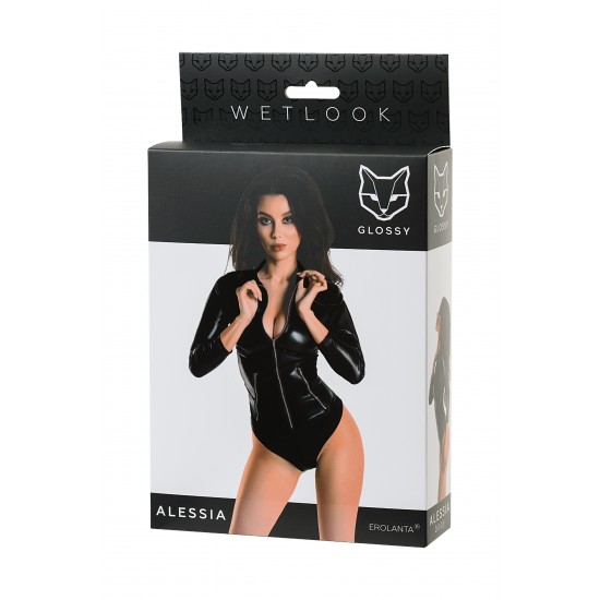 Боди Glossy Alessia из материала Wetlook на молнии, черное, L