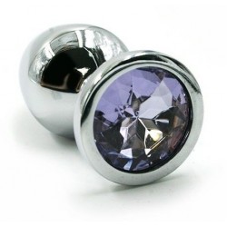 Серебристая алюминиевая анальная пробка с светло-фиолетовым кристаллом - 6 см.