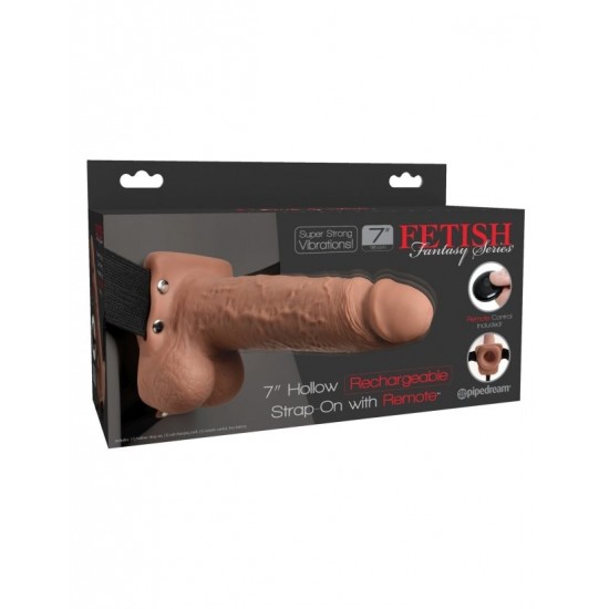 Перезаряжаемый универсальный полый вибрострапон с пультом ДУ Fetish Fantasy 7 Hollow Rechargeable Strap-On Remote Tan