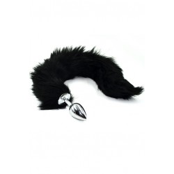 Серебристая анальная пробка из нержавеющей стали с черным гибким хвостом