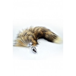 Серебристая анальная пробка из нержавеющей стали с коричнево-бежевым хвостом