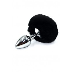 Серебристая округлая анальная пробка с заячьим хвостиком черного цвета - 11,5 см. Серебристая округлая анальная пробка с заячьим хвостиком черного цвета - 11,5 см.
