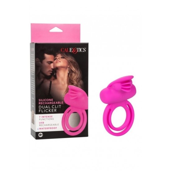 Ярко-розовое эрекционное кольцо Silicone Rechargeable Dual Clit Flicker