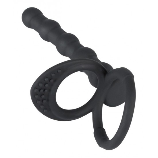 Ребристая насадка для двойного проникновения с подхватом мошонки Black Velvets Cock & Ball ring