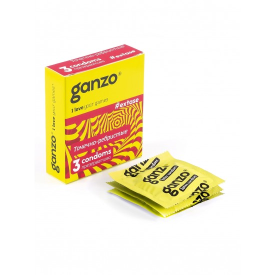 Презервативы Ganzo Extase, с точечно-ребристой поверхностью, анатомической формы, латекс, 18 см, 3 ш