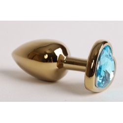 Золотистая анальная пробка с голубым стразиком-сердечком - 7,5 см. Золотистая анальная пробка с голубым стразиком-сердечком - 7,5 см.