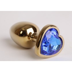 Золотистая анальная пробка с синим стразиком-сердечком - 7,5 см. Золотистая анальная пробка с синим стразиком-сердечком - 7,5 см.