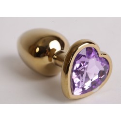 Золотистая анальная пробка с сиреневым сердечком - 8 см. Золотистая анальная пробка с сиреневым сердечком - 8 см.