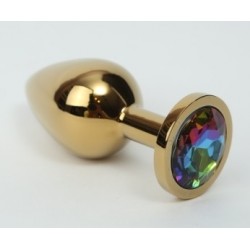 Золотистая металлическая анальная пробка с радужным стразом - 8,2 см. Золотистая металлическая анальная пробка с радужным стразом - 8,2 см.