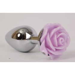 Серебристая анальная пробка с сиреневой розой - 7,6 см.