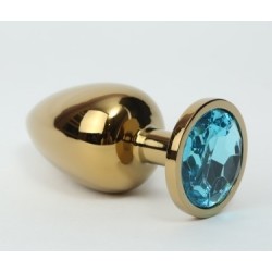Золотистая металлическая анальная пробка с голубым стразом - 8,2 см. Золотистая металлическая анальная пробка с голубым стразом - 8,2 см.