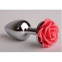 Серебристая анальная пробка с красной розочкой - 9,5 см.