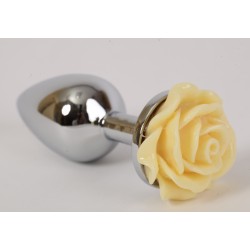 Серебристая анальная пробка с жёлтой розой - 7,6 см. Серебристая анальная пробка с жёлтой розой - 7,6 см.
