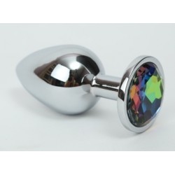 Серебряная металлическая анальная пробка с радужным стразиком - 8,2 см. Серебряная металлическая анальная пробка с радужным стразиком - 8,2 см.