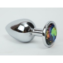 Серебряная металлическая анальная пробка с радужным стразиком - 9,5 см. Серебряная металлическая анальная пробка с радужным стразиком - 9,5 см.