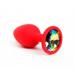 Красная силиконовая анальная пробка с радужным стразом - 7,6 см. Красная силиконовая анальная пробка с радужным стразом - 7,6 см.