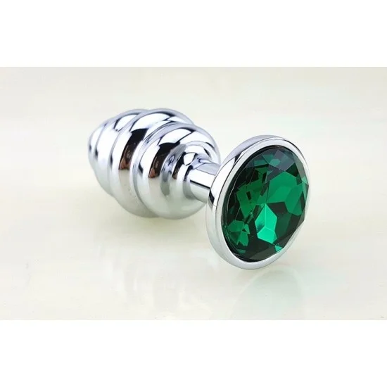 Серебристая рифлёная пробка с зеленым кристаллом - 9 см. 47144-3MM Серебристая рифлёная пробка с зеленым кристаллом - 9 см. 47144-3MM