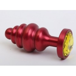 Красная ребристая анальная пробка с жёлтым стразом - 7,3 см. Красная ребристая анальная пробка с жёлтым стразом - 7,3 см.