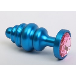 Синяя ребристая анальная пробка с розовым кристаллом - 7,3 см. Синяя ребристая анальная пробка с розовым кристаллом - 7,3 см.