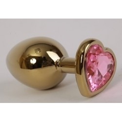 Золотистая анальная пробка с розовым стразиком-сердечком - 9 см. Золотистая анальная пробка с розовым стразиком-сердечком - 9 см.
