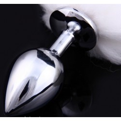 Металлическая анальная пробка с длинным белым хвостиком