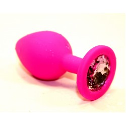 Розовая силиконовая анальная пробка с розовым стразом - 7 см. Розовая силиконовая анальная пробка с розовым стразом - 7 см.