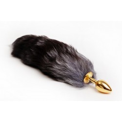 Золотистая анальная пробка с чёрным лисьим хвостом Золотистая анальная пробка с чёрным лисьим хвостом