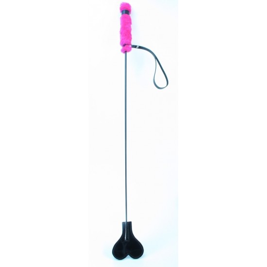 Черный лаковый стек с розовой меховой ручкой - 61 см.