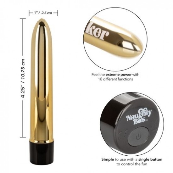 Золотистый классический вибратор Naughty Bits Gold Dicker Personal Vibrator - 19 см.