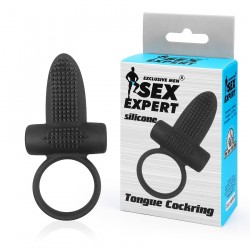 Чёрное эрекционное кольцо с вибрацией и язычком Sex Expert