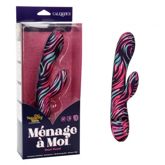 Черный вибратор-кролик Menage  Moi Dual Wand с ярким принтом - 21 см.