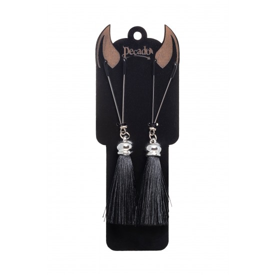 Зажимы на соски вилки с кисточками из шелка Pecado BDSM, металл, черный