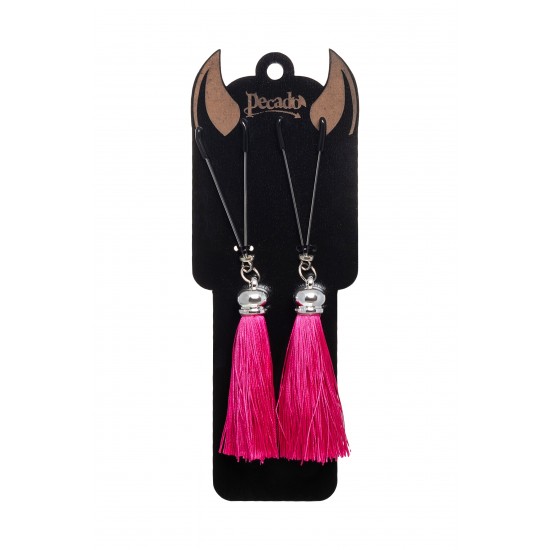 Зажимы на соски вилки с кисточками из шелка Pecado BDSM, металл, бордовый