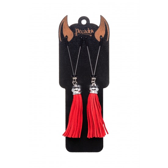 Зажимы на соски вилки с кисточками из замши  Pecado BDSM, металл, красный